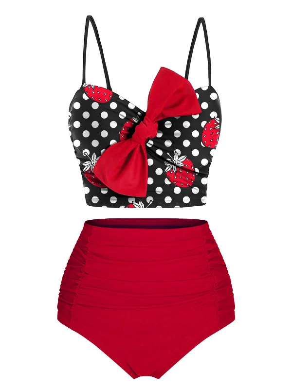 Striped bikini with a classic pattern for a timeless beach aestheticRed & Black 1950s Strawberry Dots Bowknot Swimsuit