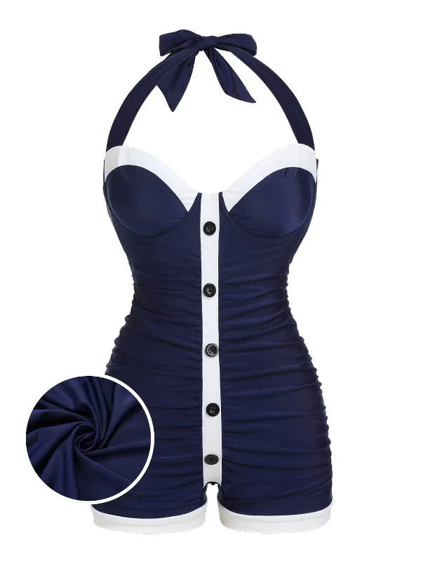 Metallic - finish bikini for a glamorous and eye - catching poolside lookNavy Blue 1950s Pleated Halter Swimsuit