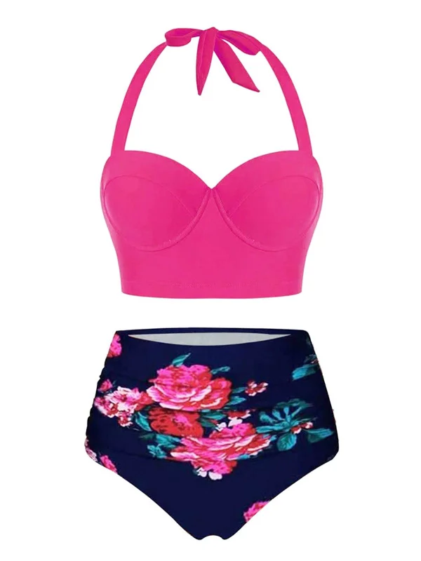 Tropical - themed bikini for a vacation - ready beach outfitRose Red 1950s Halter Flowers Bikini Set