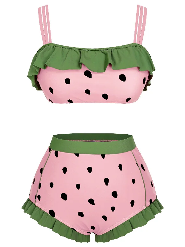 Push - up bikini top to enhance the bust for a confident beach appearancePink 1950s Strawberry Ruffle Strap Swimsuit