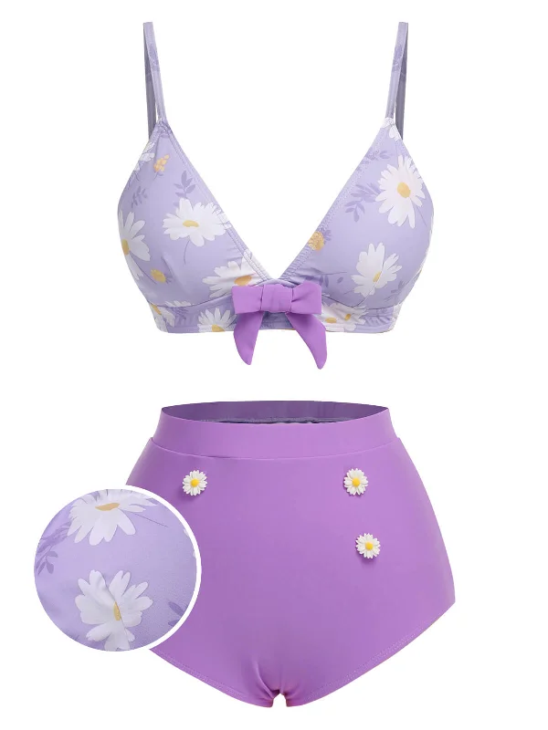 Neon - colored bikini to stand out on the beachPurple 1950s Daisy Bow Strap Swimsuit