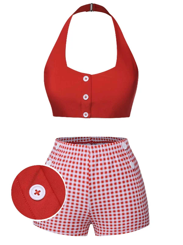 Tropical - themed bikini for a vacation - ready beach outfitRed 1950s Halter Plaids Swimsuit