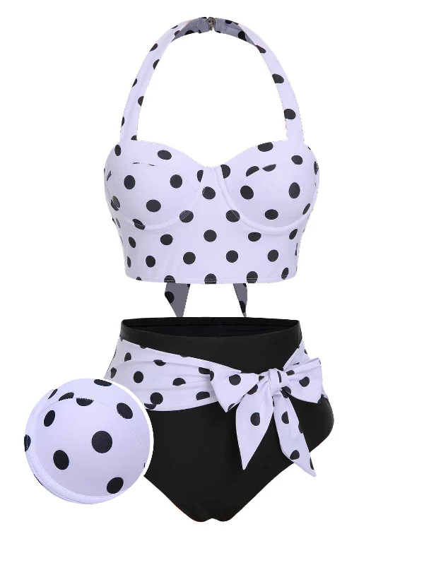 Convertible bikini that can be worn in multiple styles for versatility1950s Halter Contrast Polka Dots Swimsuit