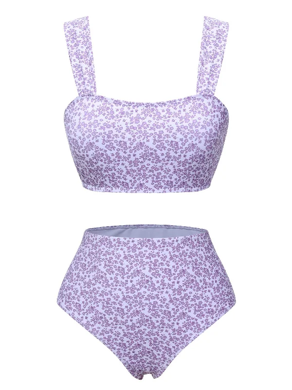 Push - up bikini top to enhance the bust for a confident beach appearanceLavender 1950s Floral Wide Strap Swimsuit