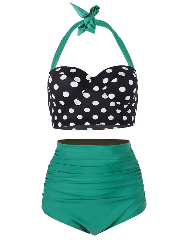 High - waisted bikini for a retro and tummy - flattering look1950s Polka Dot Halter Pleated Bikini