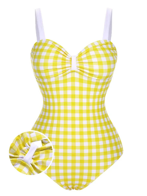 Plus - size bikini with full - coverage options for comfort and confidenceYellow 1950s Plaid Strap Pleated Swimsuit