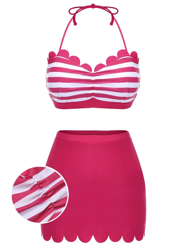 Plus - size bikini with full - coverage options for comfort and confidenceRose Pink 1960s Stripes Halter Bikini Set