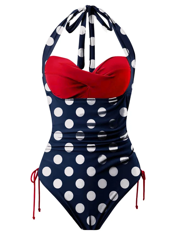 Ruched bikini with fabric gathers for a slimming effectBlue & Red 1950s Polka Dots Halter Swimsuit