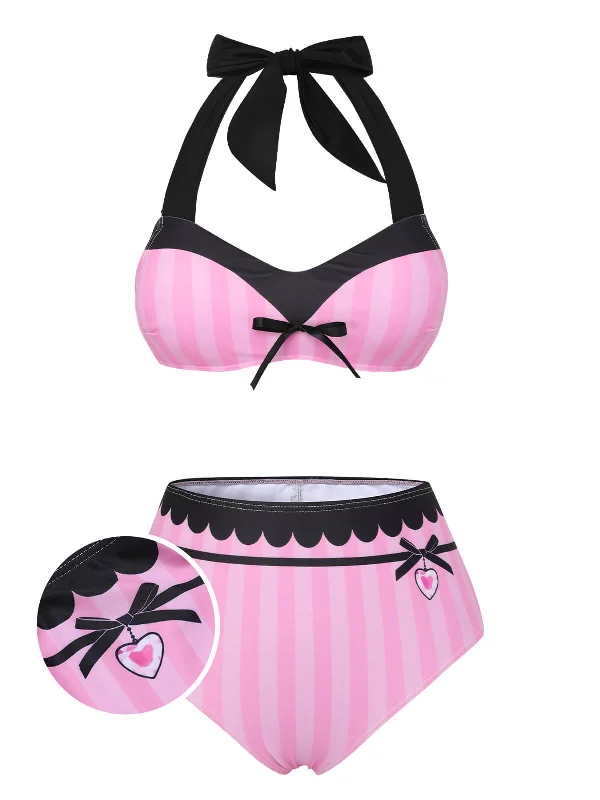 Maternity bikini for expecting mothers to enjoy the beach comfortablyPink & Black 1950s Stripe Halter Swimsuit