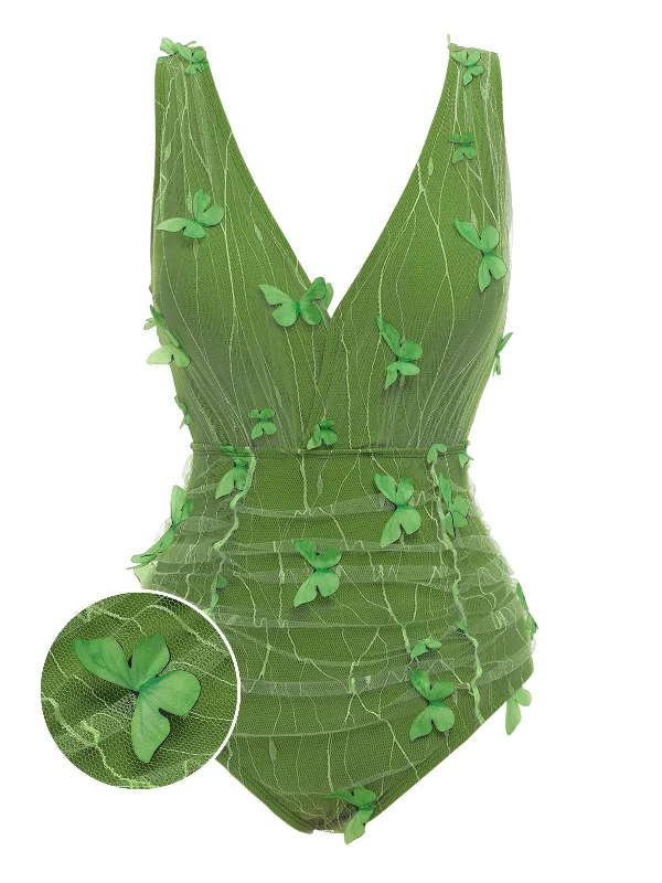 UV - protection bikini for safe sun exposure during beach daysGreen 1960s 3D Butterfly Mesh Swimsuit