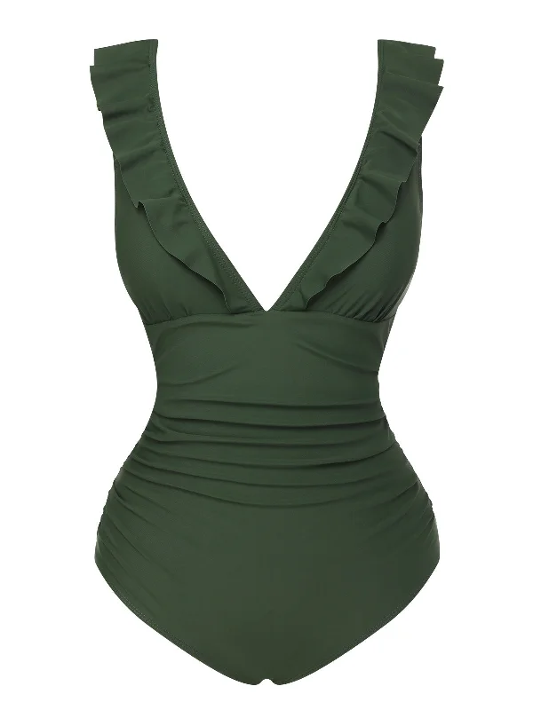 High - performance bikini with quick - drying fabric for active swimmersArmy Green 1950s Solid Ruffles V-Neck Swimsuit