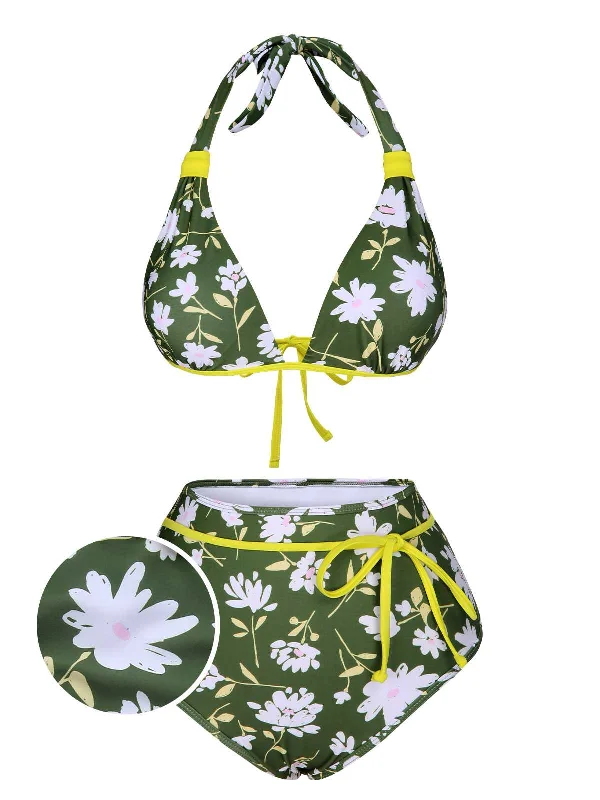 Lace - trimmed bikini for an elegant and romantic touchDark Green 1940s Halter Bow Floral Swimsuit