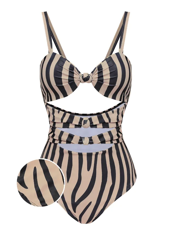 Monokini - style bikini with a unique one - piece - meets - bikini designBrown Zebra Print Cutout One-Piece Swimsuit