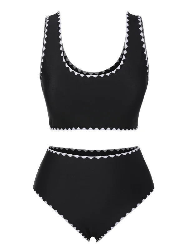 Sustainable bikini made from recycled materials for eco - conscious beachgoersBlack 1950s Solid Jagged Edge Swimsuit