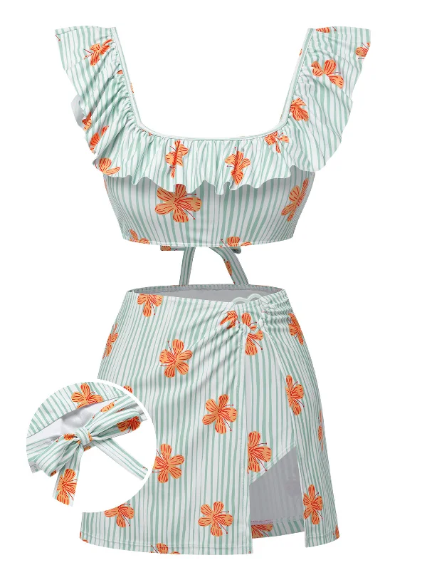 Convertible bikini that can be worn in multiple styles for versatilityLight Green 1950s Floral Stripe Swimsuit & Skirt Cover-Up