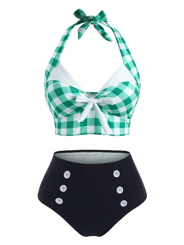 Lace - trimmed bikini for an elegant and romantic touchGreen 1950s Checked Halter Bowknot Bikini Set