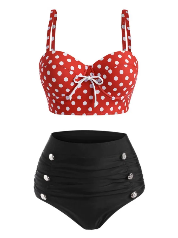 High - performance bikini with quick - drying fabric for active swimmersRed 1950s Strap Polka Dot Bikini Set