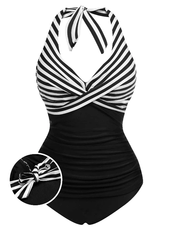 Ruched bikini with fabric gathers for a slimming effect1950s Halter Stripes Floral One-Piece Swimsuit