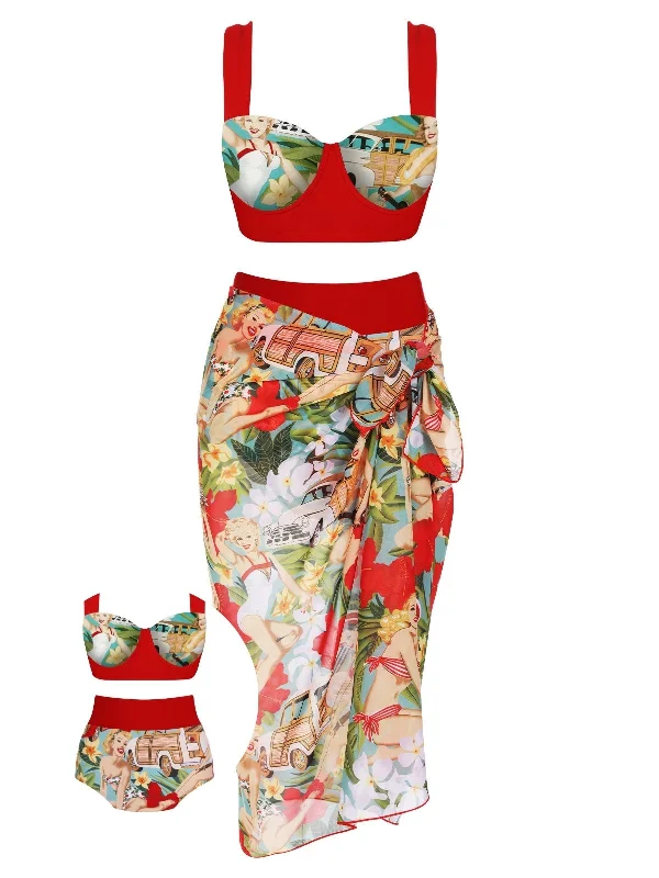 Sustainable bikini made from recycled materials for eco - conscious beachgoers3PCS 1960s Red Retro Lady Bikini Set