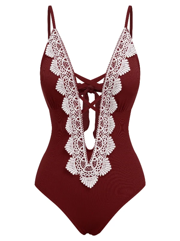 Metallic - finish bikini for a glamorous and eye - catching poolside look1930s Lace Knitted One-Piece Swimsuit