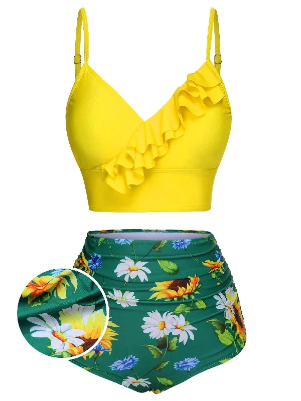 Floral - printed bikini for a feminine and colorful beach vibe2PCS Yellow 1950s Sunflower Ruffles V-Neck Swimsuit