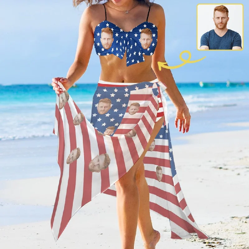 Monokini - style bikini with a unique one - piece - meets - bikini designCustom Face American Flag Bikini&Cover Up Set Women's Chest Bow Bikini Long Cover Up Skirt With Slit