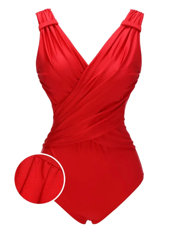 Maternity bikini for expecting mothers to enjoy the beach comfortablyRed 1940s V-Neck Solid One-piece Swimsuit