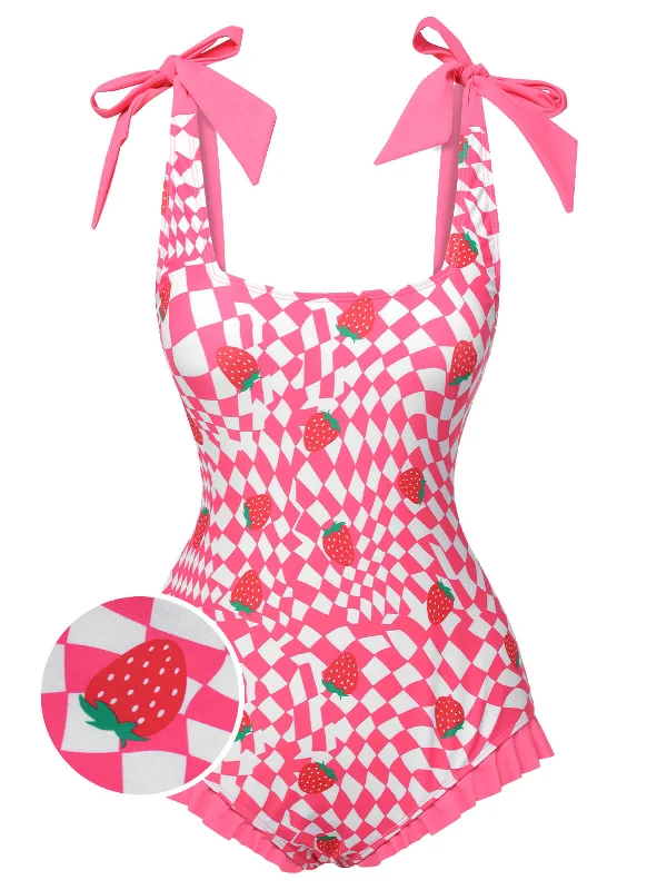 UV - protection bikini for safe sun exposure during beach daysPink 1960s Strawberry Plaid One-Piece Swimsuit