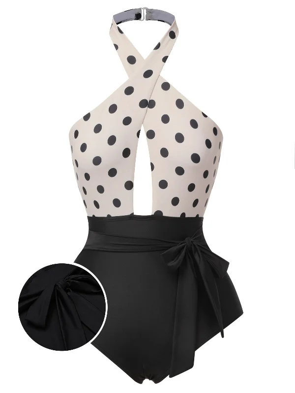 High - performance bikini with quick - drying fabric for active swimmersBeige 1950s Polka Dot Halter One-Piece Swimsuit