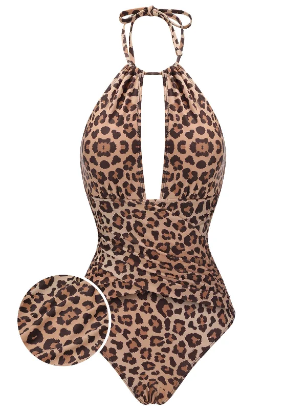 Ruched bikini with fabric gathers for a slimming effectBrown 1930s Leopard V-Neck Halter Swimsuit