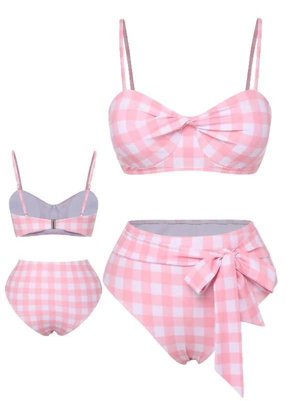 Tie - side bikini bottoms for an adjustable and stylish fitPink 1940s Spaghetti Strap Plaid Bow Swimsuit