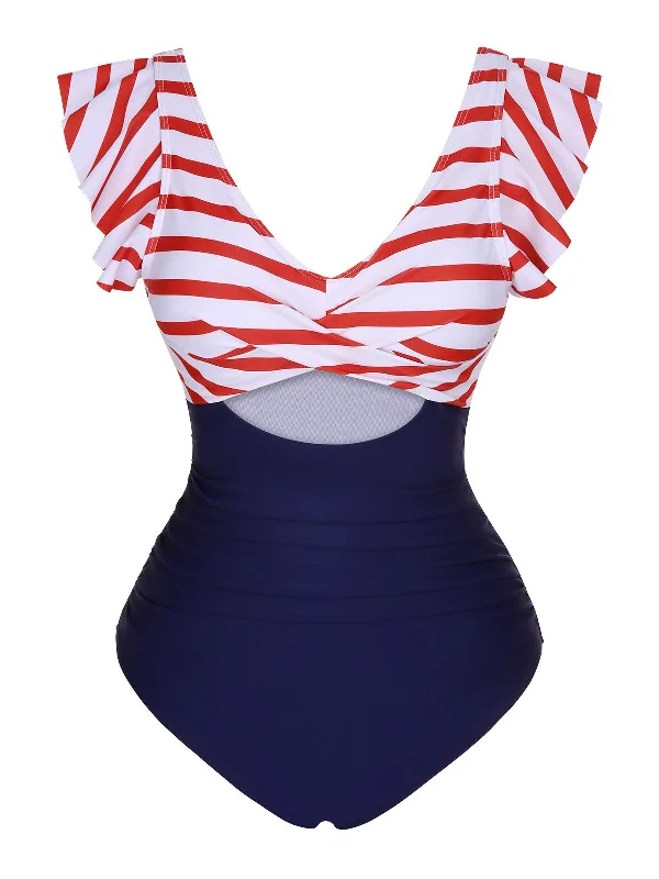 Monokini - style bikini with a unique one - piece - meets - bikini design1930s Ruffled Striped One-Piece Swimsuit