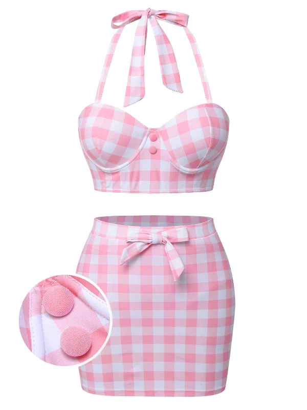 Convertible bikini that can be worn in multiple styles for versatilityPink 1950s Halter Plaids Bow Swimsuit