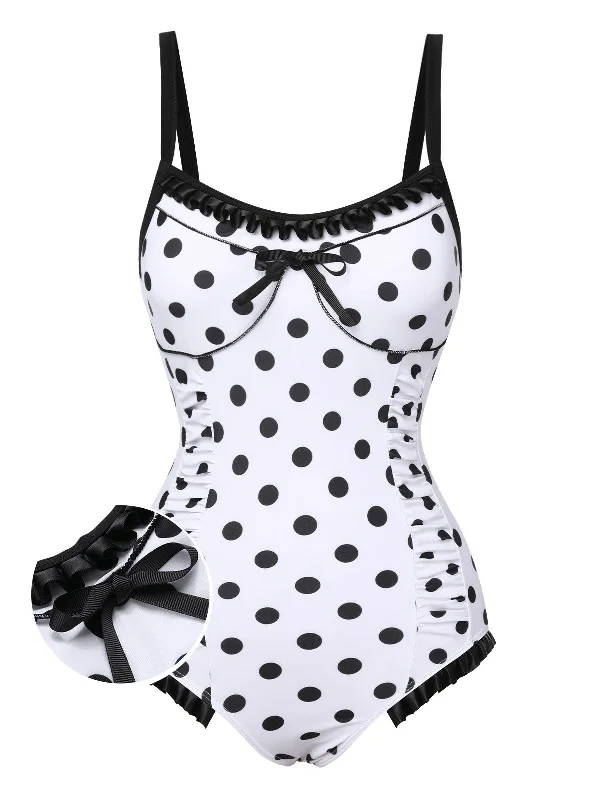 Ruched bikini with fabric gathers for a slimming effectWhite 1950s Polka Dots Strap Swimsuit