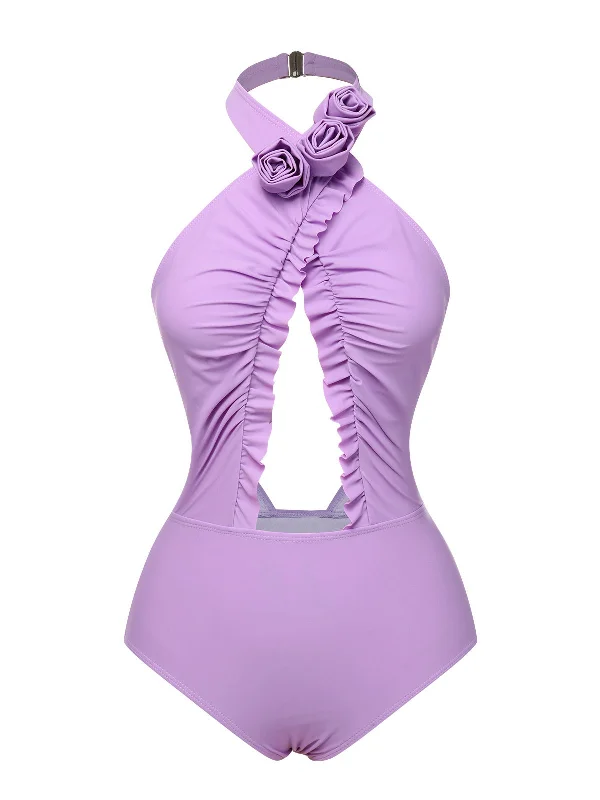 Metallic - finish bikini for a glamorous and eye - catching poolside lookLavender 1940s 3D Flowers Halter One-Piece Swimsuit