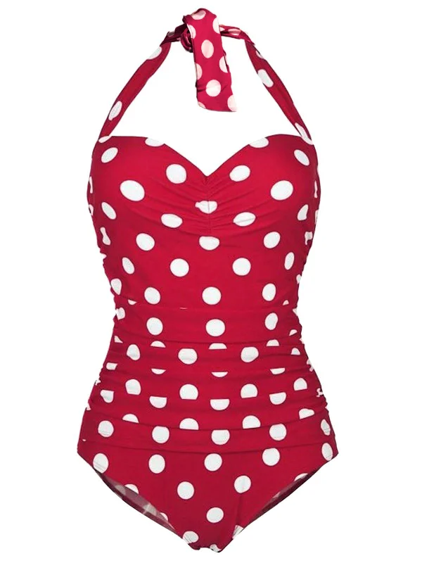 Push - up bikini top to enhance the bust for a confident beach appearance1950s Halter Polka Dot One-Piece Swimsuit