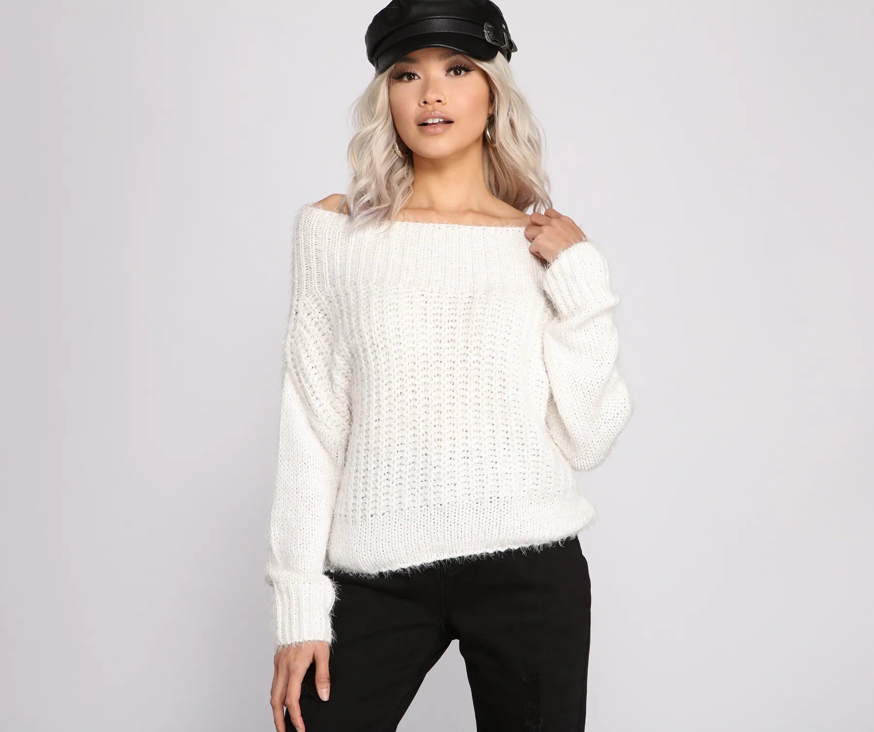 Plus Size Women Long Sleeve Top for a Flattering and Comfortable FitCozy Eyelash Knit Off The Shoulder Sweater