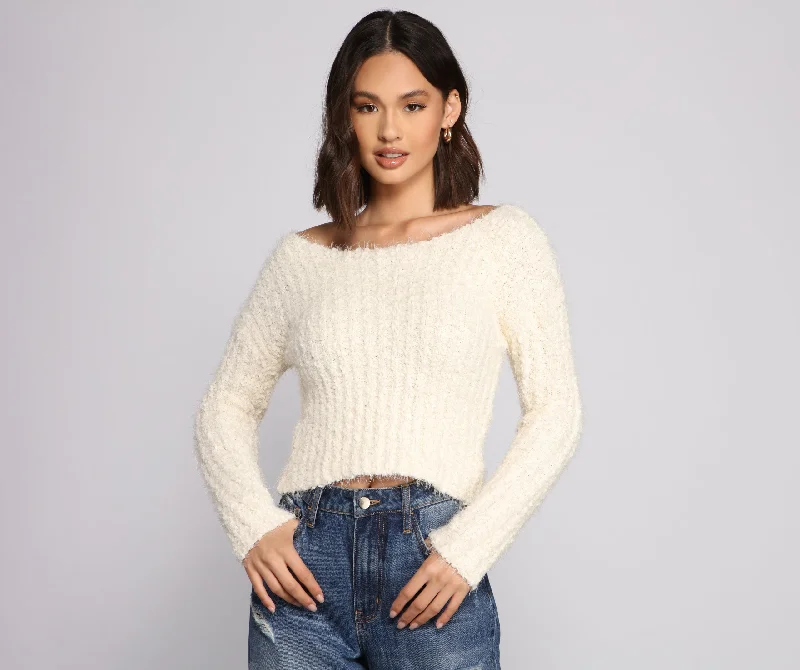 Metallic Accent Women Long Sleeve Top for a Glamorous LookCozy Cropped Popcorn Knit Sweater