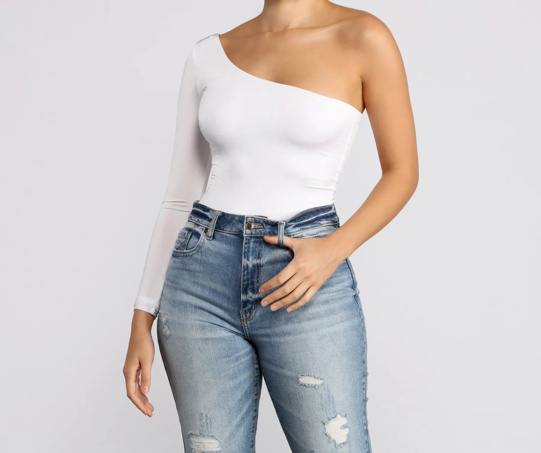 Cable - Knit Women Long Sleeve Top with a Cozy TextureChic Vibes One Shoulder Bodysuit