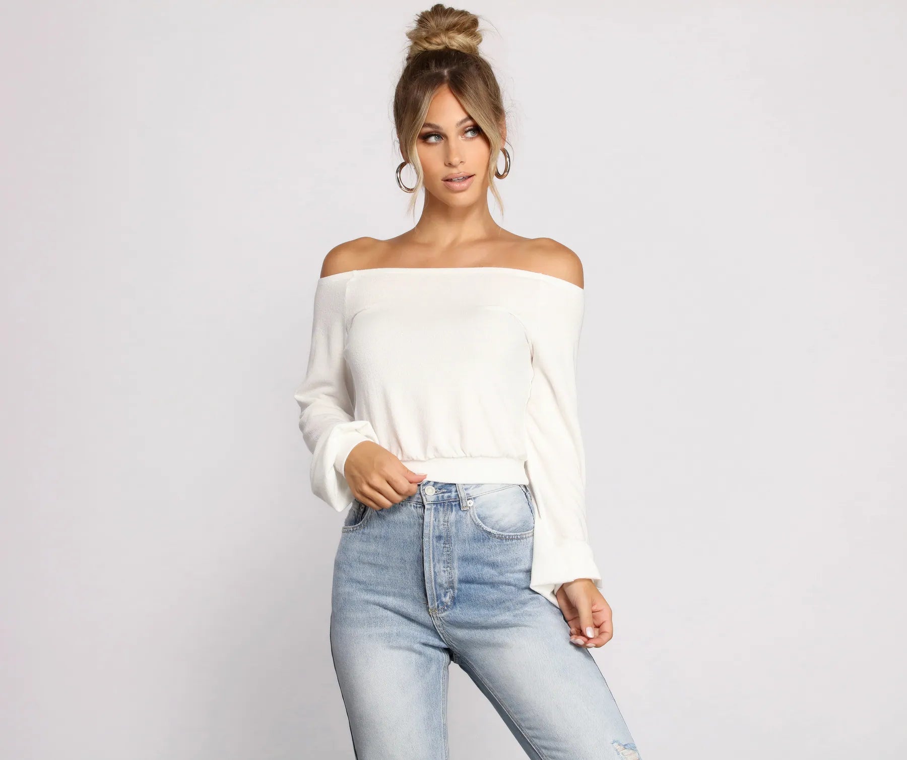 Cable - Knit Women Long Sleeve Top with a Cozy TextureShe's A Stunner Off The Shoulder Crop Top