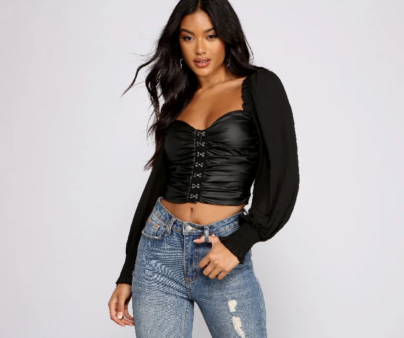 Lightweight Women Long Sleeve Top for Spring and AutumnHooked on Glam Faux Leather Crop Top