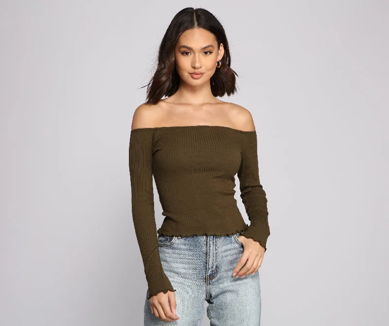 Pocket - Equipped Women Long Sleeve Top for Added FunctionalityOff The Shoulder Long Sleeve Ribbed Knit Top