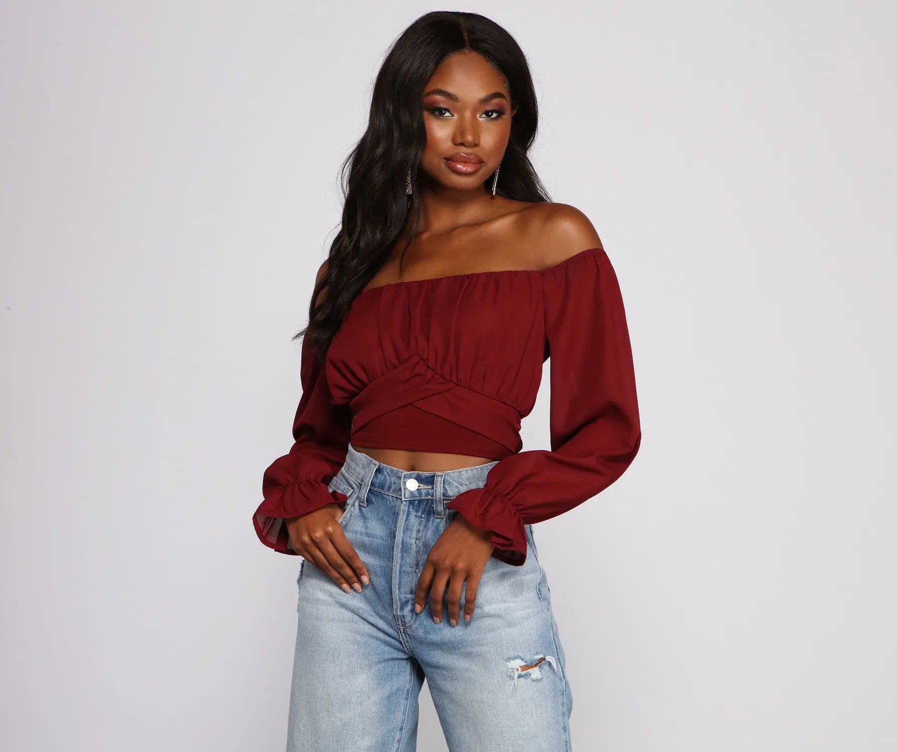 Lightweight Women Long Sleeve Top for Spring and AutumnTie Waist Off The Shoulder Crop Top