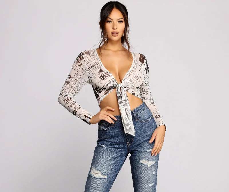 Cropped Women Long Sleeve Top to Pair with High - Waisted BottomsMiss Extra Mesh Tie Front Top