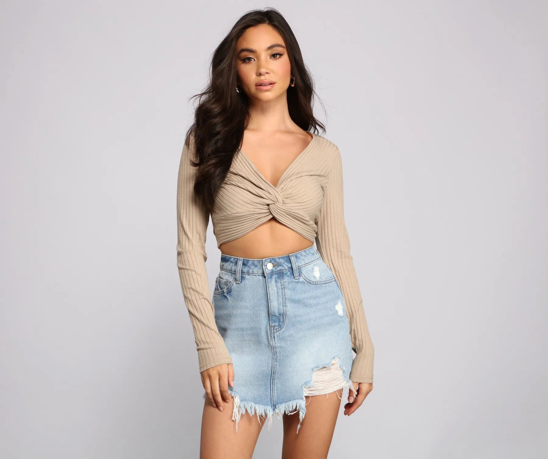 Cable - Knit Women Long Sleeve Top with a Cozy TextureRibbed Knit Twist Front Crop Top