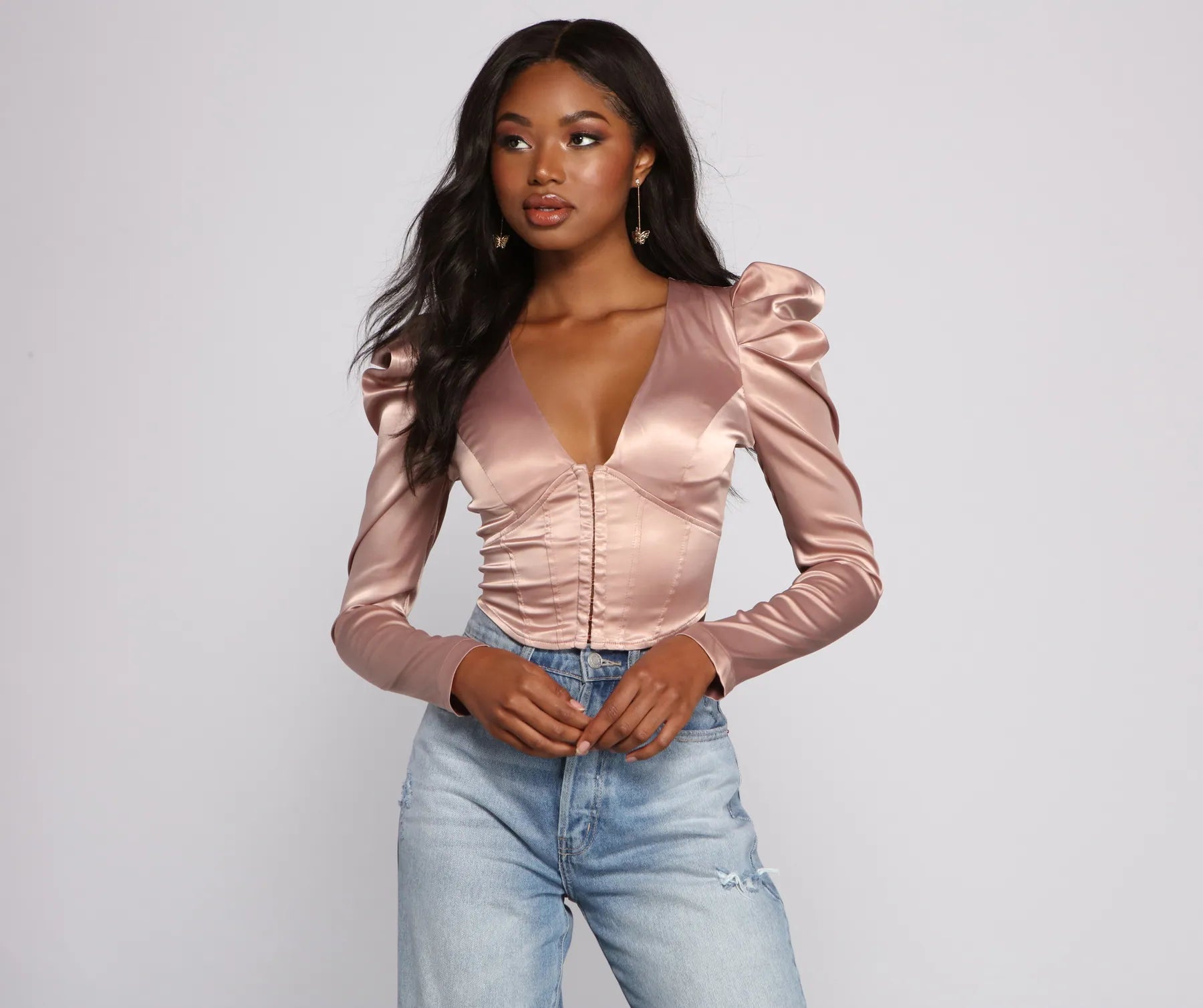 Button - Down Women Long Sleeve Top for a Classic StyleChic Satin Puff Shoulder Corset Top