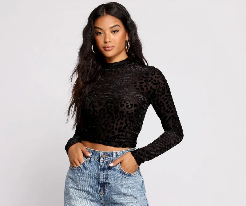 Ruffled Cuff Women Long Sleeve Top with a Feminine TouchSassy Stunner Flocked Leopard Print Crop Top