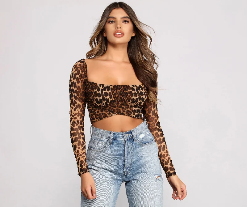 Lace - Trimmed Women Long Sleeve Top for an Elegant LookLeopard Print Tie Back Crop Top