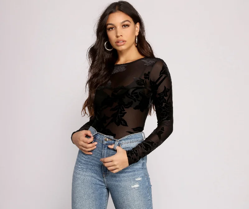 Striped Women Long Sleeve Top in a Timeless PatternFlocked Floral Mesh Bodysuit