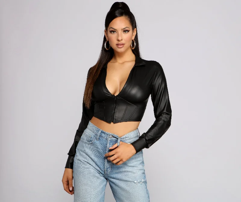 Ribbed Women Long Sleeve Top with a Textured AppealAn Edgy Vibe Faux Leather Crop Top